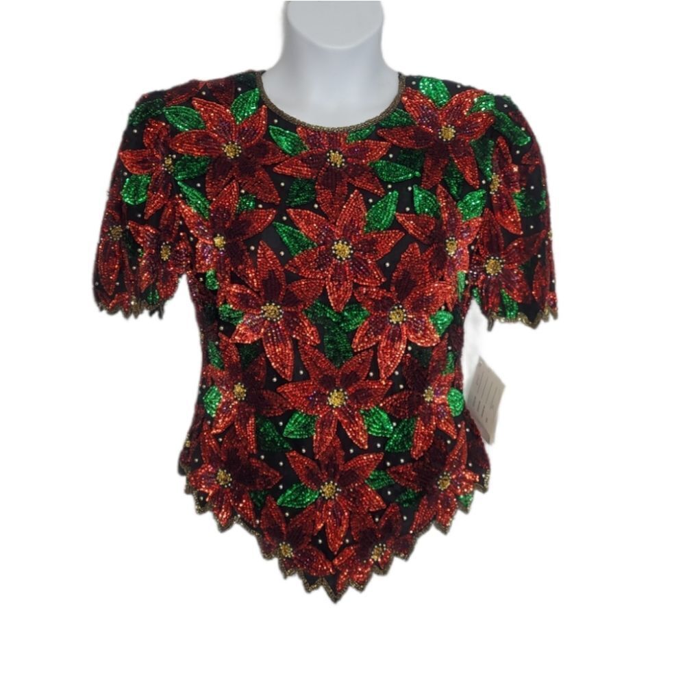 NEW VINTAGE 90s Laurence Kazar beaded sequin‎ poinsettia flower silk top S